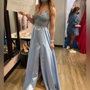 Blue fit and flare prom dress